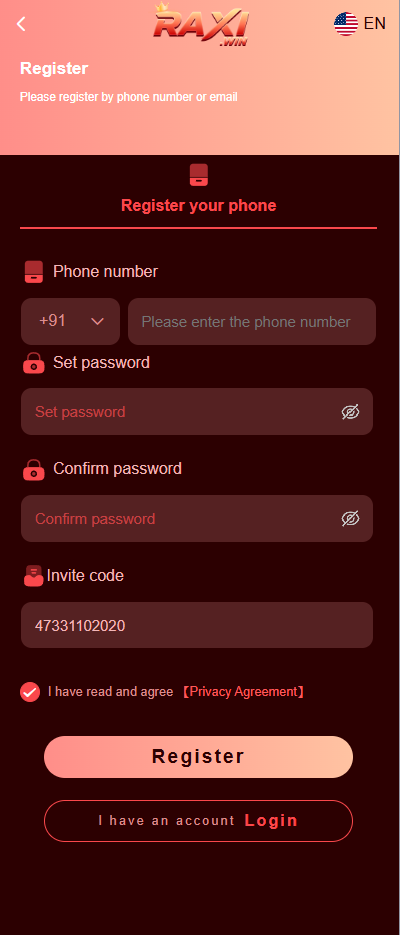 RaxiWin registration page